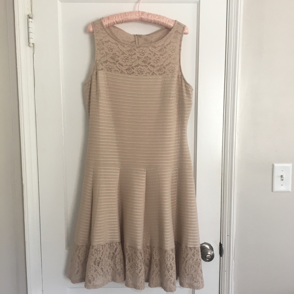 Gabby Skye Neutral Beige Lace-Panel Midi Dress